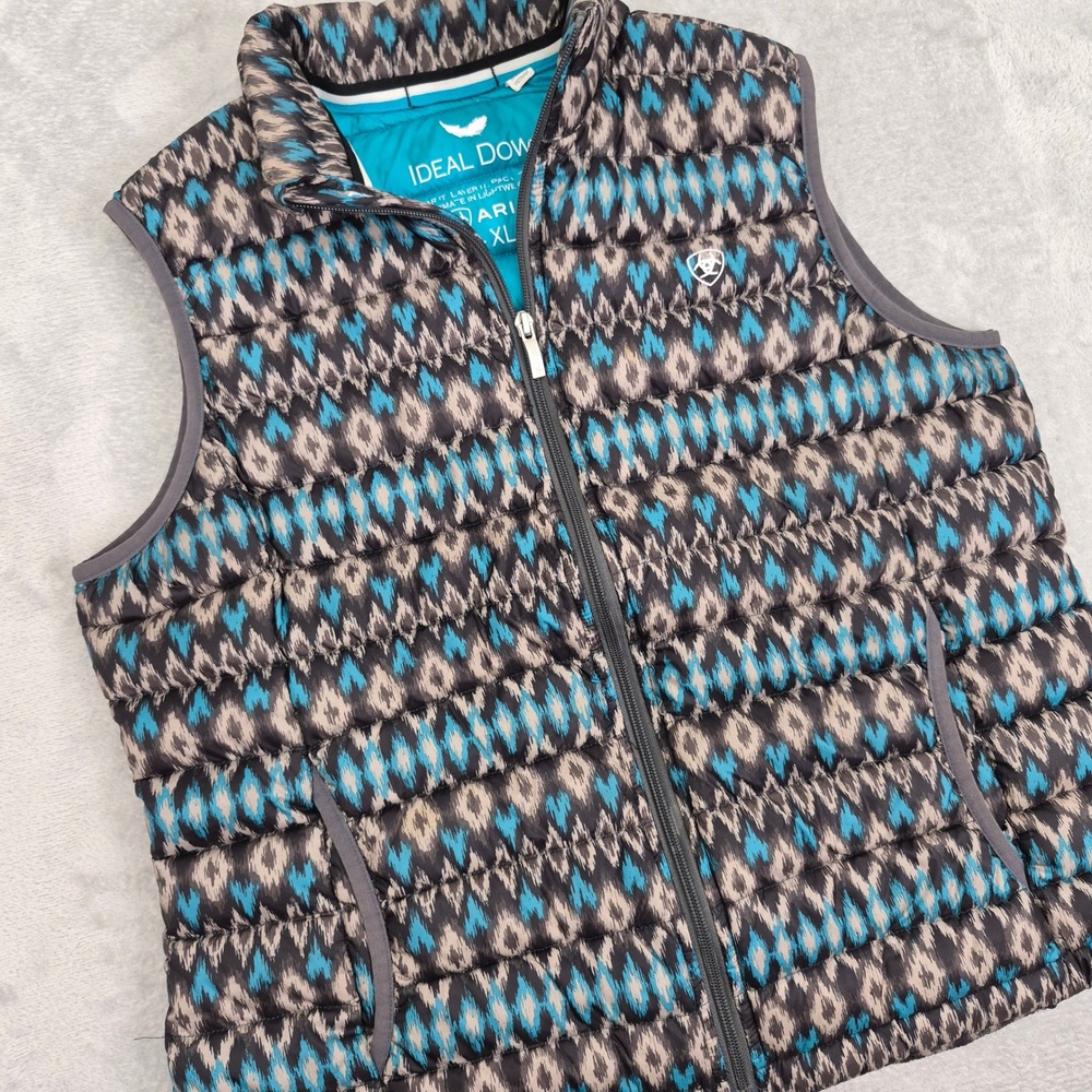 Ariat Ideal Down Puffer Vest Womens XL Blue Grey Ikat Geometric Packable Pockets
